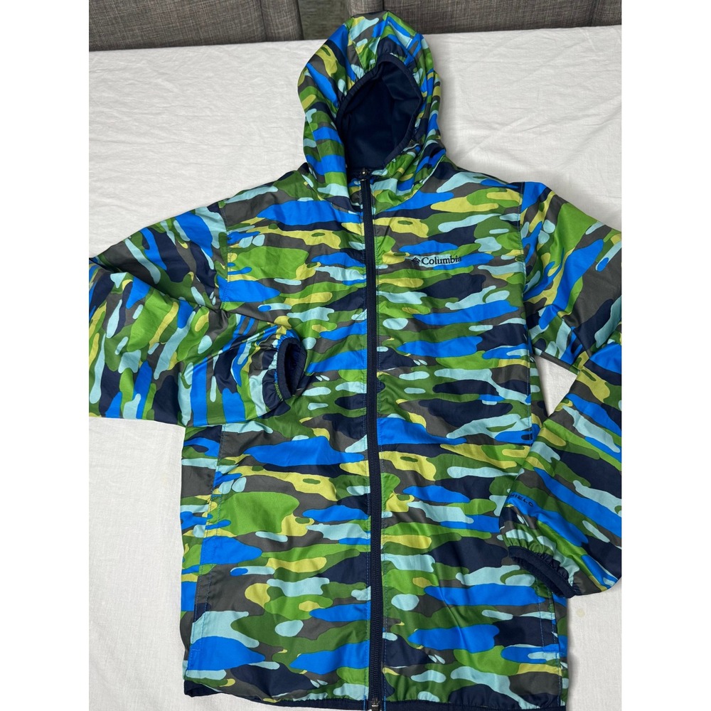 Columbia Windbreaker Kids L 14/16 Blue Green Camo Good Omni-Wick Hooded Jacket